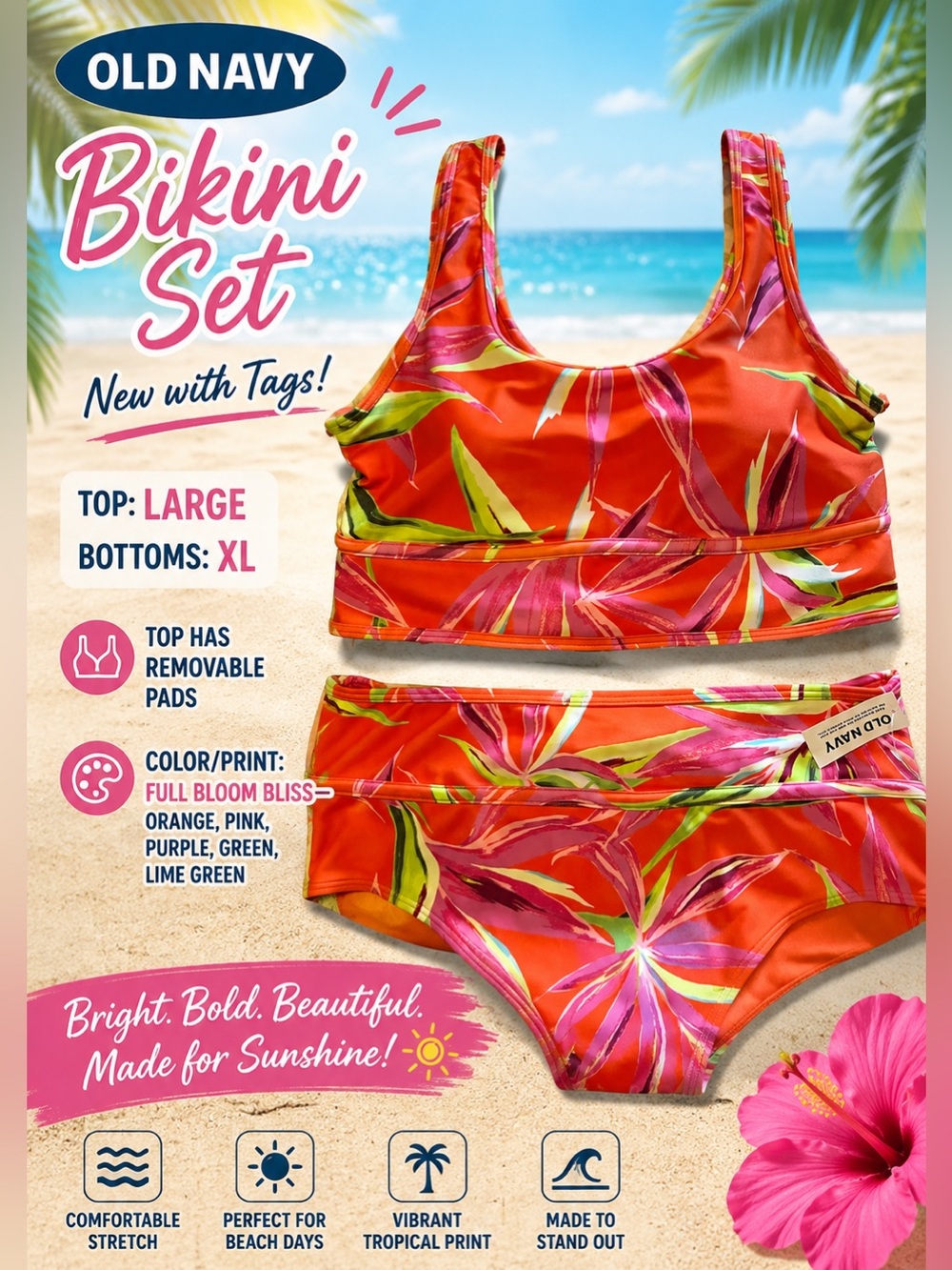 NEW WITH TAGS Old Navy High-Waist Bikini Set—Top: Large  Bottoms: X-Large